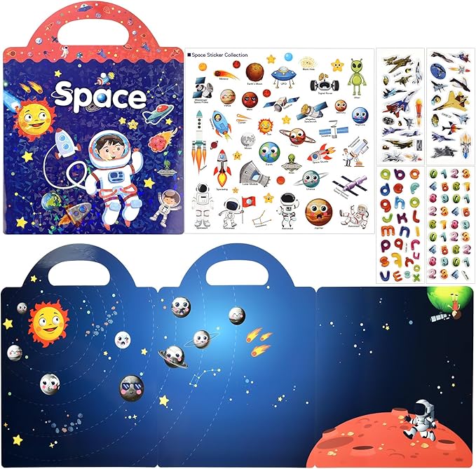 ASTARON Reusable Sticker Book for Toddlers, 88 Pcs Space Stickers Road Trip Activities Car Airplane Activities Travel Toys for Kids, Kids Quiet Time Activities (2-6 Age)