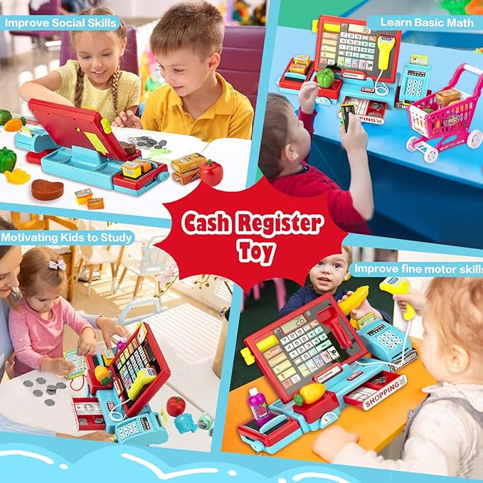Cash Register for Kids Real Calculator Kids Cash Register with Scanner Toy for 3 4 5 6 7 8 Year Old Boy Pretend Play Store with Music / Food / Shopping Cart Learning Toys Gifts for Boys Ages 4-8