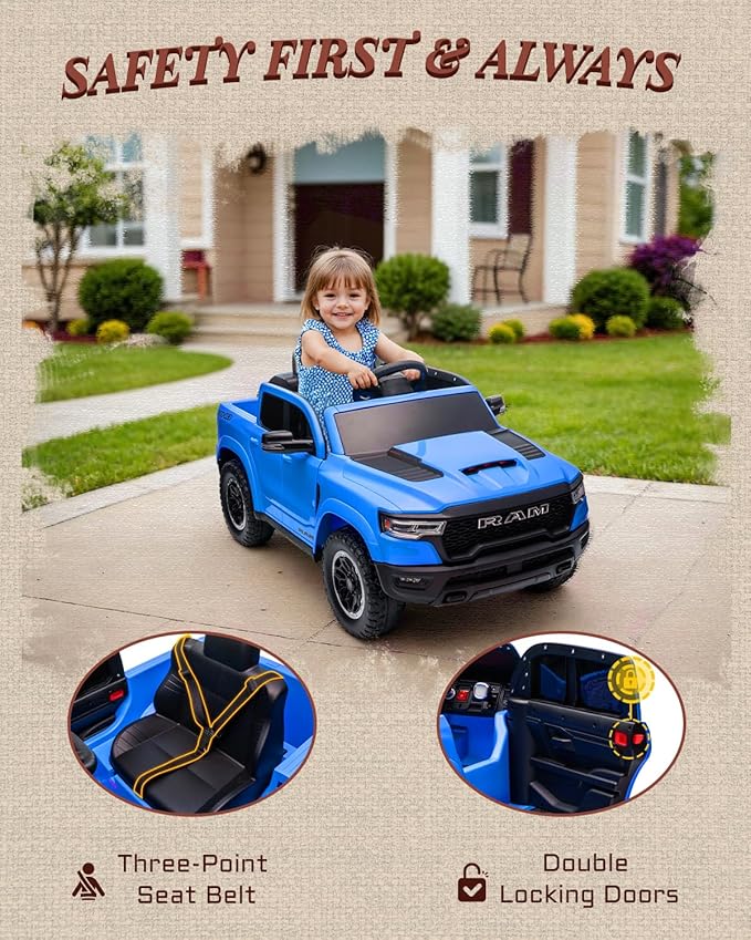 First Ride On 12V Kids Electric Vehicles, Licensed Ram 1500 RHO Kids Ride on Truck with Remote Control, Ride on Car for Children with Smooth Start, Truck Bed Storage, Bluetooth, Aux Port (Blue)