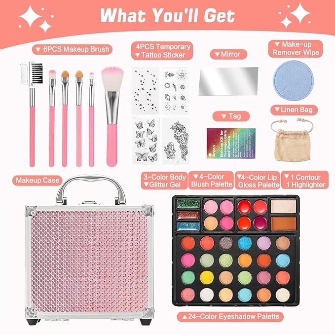 Anpro All-In-One Makeup Kit for Girls 10-12 with Case, Pro Teen Makeup Set, Tween Makeup Kit, Full Starter Make Up Kit with Brushes, Eyeshadow Palette, Blushes, Glitter Gel, Temporary Tattoo Stickers