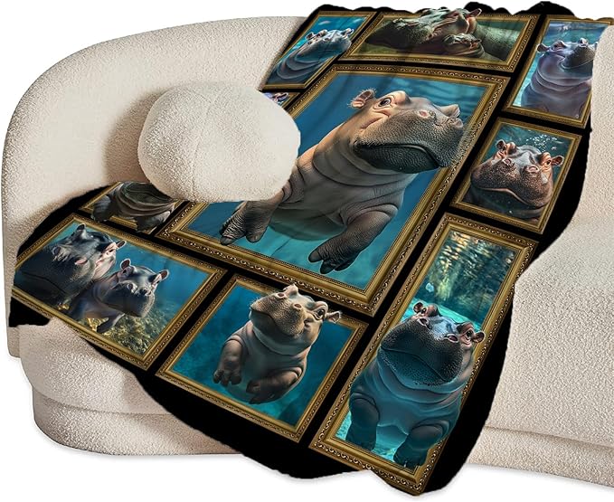 Hippo Throw Blanket - Ultra Soft Cozy Cute Fleece Fuzzy Plush Hippo Lovers Decor Gifts for Women Girls Adults - Couch Sofa 50"x40"