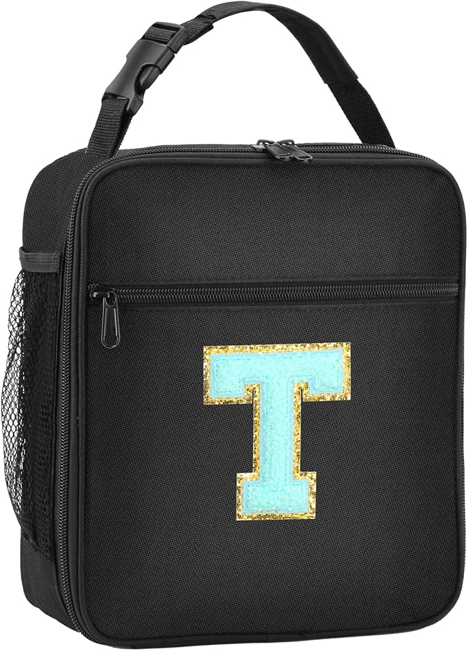 Initial Insulated Lunch Bag, Lunch Box with Initial Letter Patch for Teen Adult, Reusable Lunch Bag for Men Women, Ideal Back to School Gift Birthday Gift, Blue T