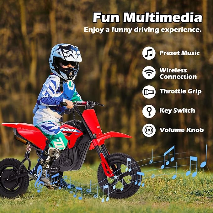 24V Electric Dirt Bike for Kids, 250W Electric Motorcycle Up to 11 MPH & 10 Miles Long-Range, Twist-Grip Throttle, 12" Knobby Tires, Spring Suspension, Music, Red (Without Cover)