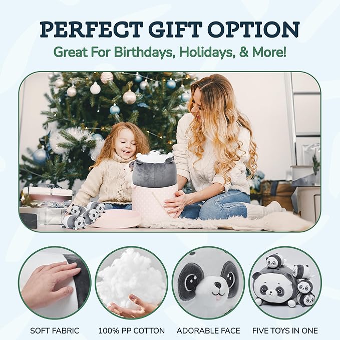 PixieCrush Panda with Puppies Plush Toy Set - Super Soft Plush Material - Includes Mommy Panda with 4 Removable Puppies - Black White - Perfect Toy for Girls