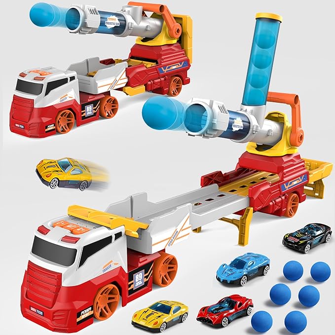 Dwi Dowellin Truck Toys for Kids, 28" Large Car Toys Include 4 Racing Cars+6 Ball, with Light & Sounds, Eejection&Shooting Transport Cars Toy, Gifts for Boys Girls-RED