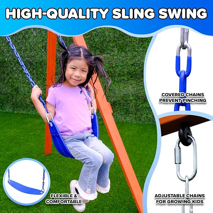 Sportspower™ Wildwood Wooden Swing Set: 2 Height Adjustable Swings and 40" Saucer Swing, Backyard Outdoor Playset for Kids
