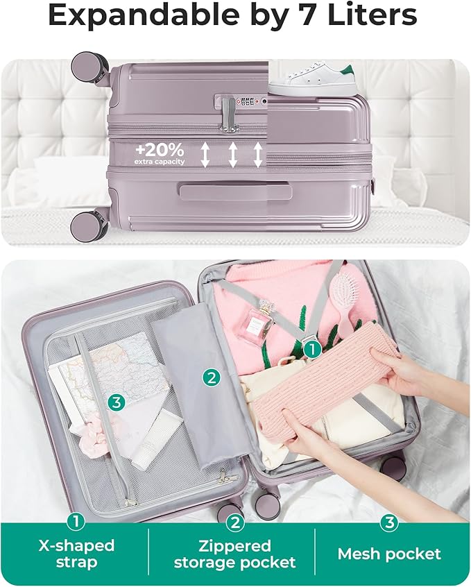 BAGSMART Carry On Luggage 22x14x9 Airline Approved with Spinner Wheels,100% PC Hardside Expandable Luggage with TSA Lock for Trips, 20 Inch Rolling Suitcases for Men Women,Purple