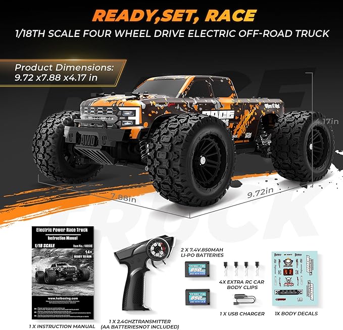 HAIBOXING 1:18 Scale RC Monster Truck 18859E, 2.4GHz Remote Control Fast RC Car 36km/h 4WD Off-Road Water-Resistant Electric Powered Vehicle with Dual Batteries, Ideal for Kids and Adults