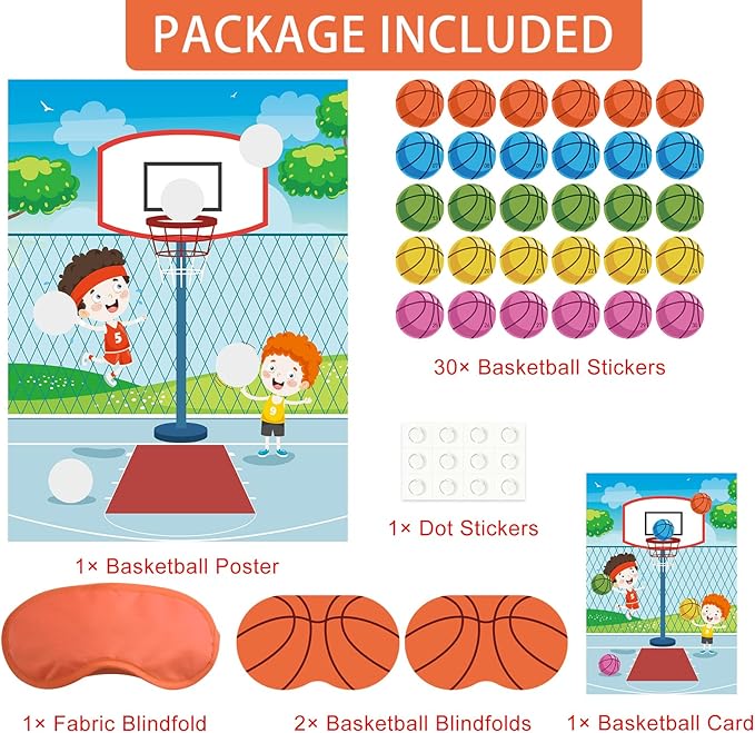 PLULON Basketball Party Game Pin The Basketball On The Hoop Birthday Party Game for Kids Large Basketball Poster with Basketball Stickers for Boy Girl Classroom Activities Birthday Party Decorations