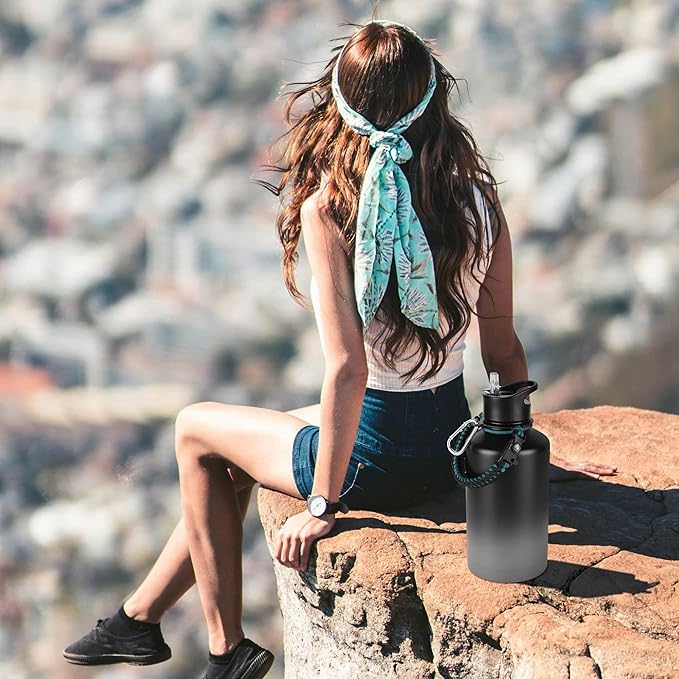 64 oz Insulated Water Bottle with Straw & Spout Lids, Stainless Steel Metal Half Gallon Water Jug with Paracord Handle, Double Wall Vacuum, Leakproof, Keep Drinks Cold & Hot, Black Gray Gradient