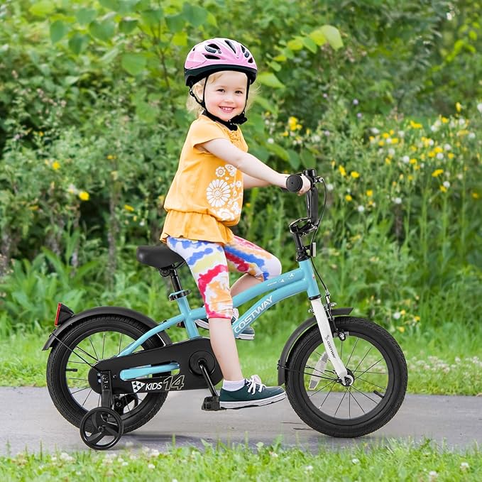COSTWAY 12/14/16/18 Inch Kids Bike, Children Toddler Bicycle with Training Wheels, Adjustable Seat & Handlebar, Handbrake & Coaster Brake, Reflectors, Bell, Suitable for 3-8 Years Old Boys Girls