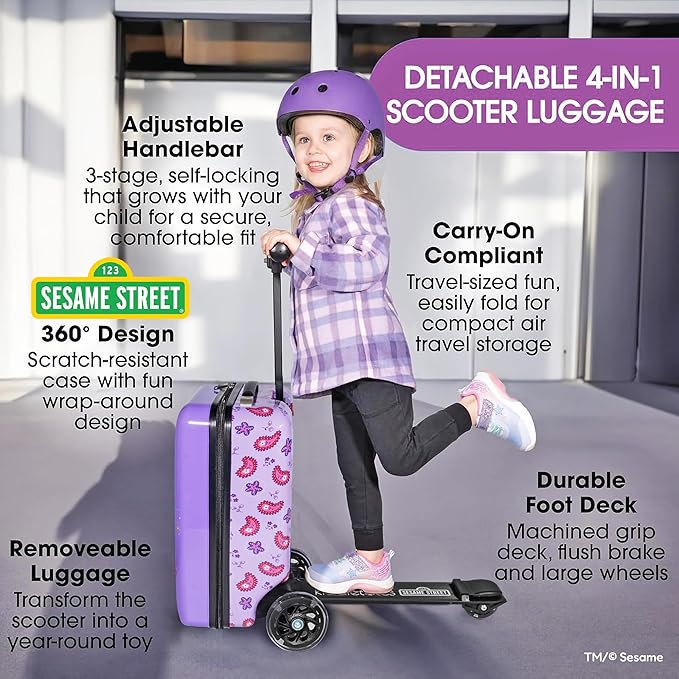 KIDDIETOTES Sesame Street 4-in-1 Detachable Scooter Luggage for Kids – Abby Cadabby – Ride-On Suitcase with Removable Luggage Body, Adjustable Handlebar, Durable Deck & Brake – Carry-On Travel Bag
