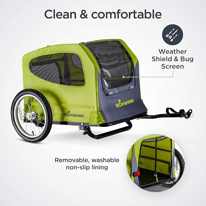 Schwinn Rascal Pet Trailer, Holds Pets Up to 50 or 100 lb, Universal Coupler, Folding Frame, Quick-Release Wheels, Rear Doggy Door, Leash, Washable Liner, Bug Screen, Schwinn Bike Trailer for Pets