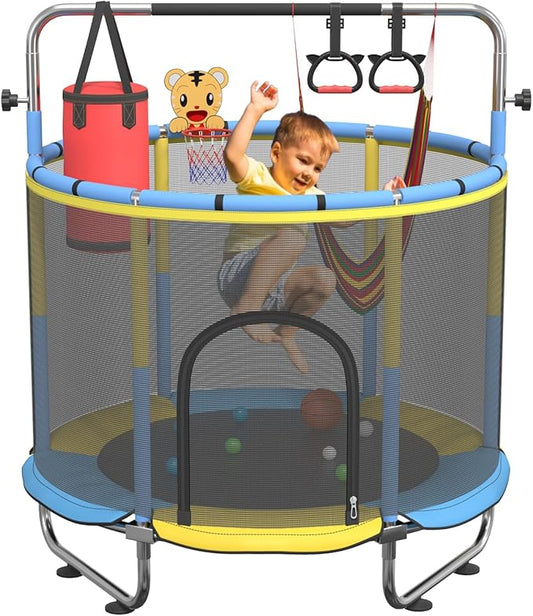 60" Trampoline for Kids, 500lbs Capacit Indoor Outdoor Toddler Trampoline with Adjustable Gymnastics Bar, Gifts for Boy Girl Age 1-8