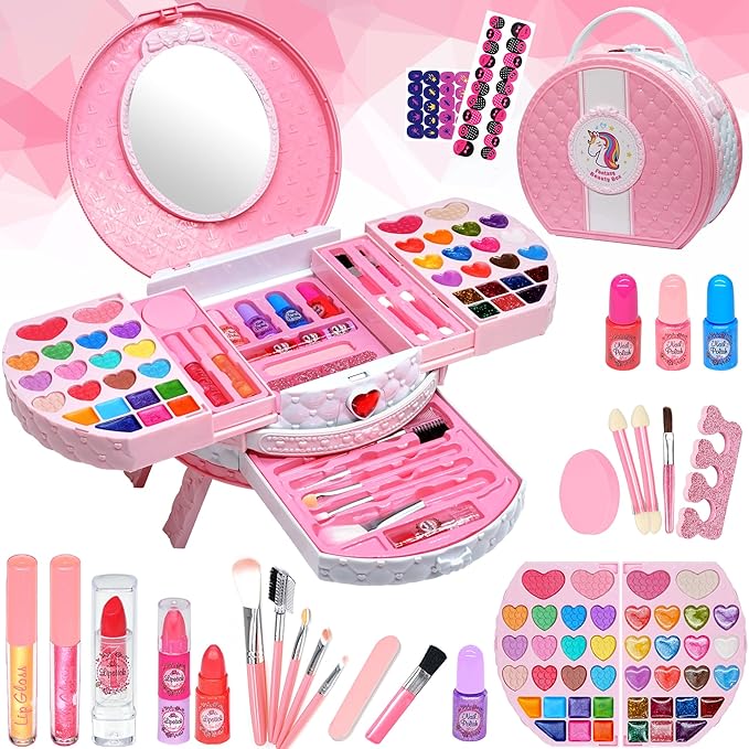 Kids Makeup Sets for Girls Toys - Washable Makeup for Kids with Mirror, Real Dressing Table with Stand, Princess Play Makeup Kit Perfect for 3 4 5 6 7 8-12 Year Old Girls Birthday & Christmas