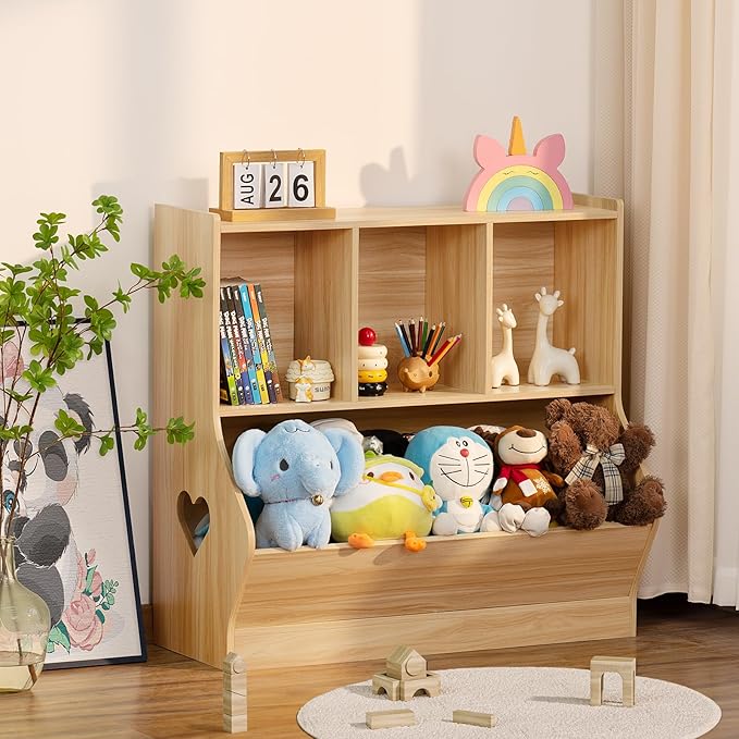 Lerliuo Kids Toy Storage Organizer, Children Small Bookcase and Bookshelf, Toddler 4 Cubby Toy Storage Cabinet, Toy Shelf for Playroom, Bedroom, Living Room, Nursery, School 29.53'' H (Natural)