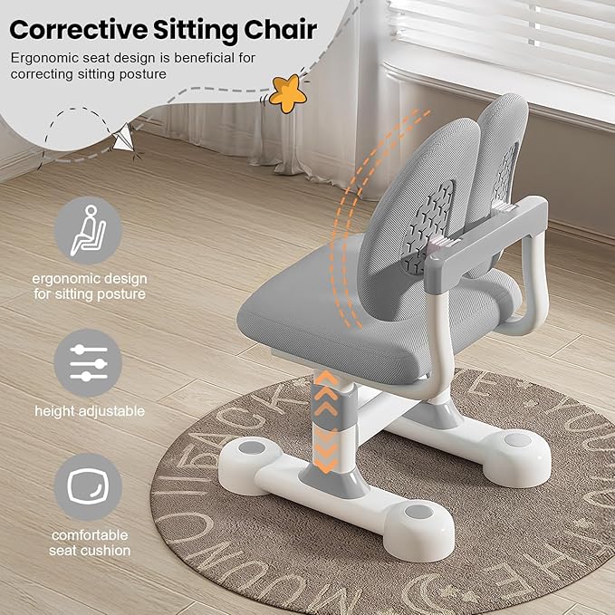 Upgraded Kid's Desk and Chair Set, Adjustable Children's Study Table with Bookshelf and Storage Drawer, 50-Degree Tiltable Desktop with Chair for Bedroom (Grey 125cm)