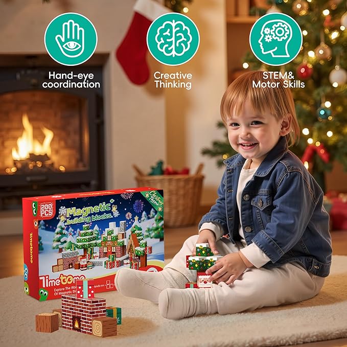 Magnetic Blocks, 200PCS Magnetic Building Block Cubes, STEM Montessori Sensory Toys for Kids Boys Girls Ages 3 4 5 6 7 8 9 10 (Christmas Version)