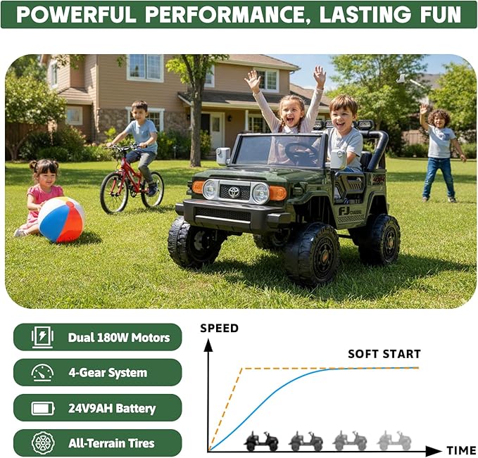 24V Ride on Toys for Kids, Licensed Toyota FJ, 2 Seater Ride on Car with Remote Control, Electric Car w/ 4-Wheeler Suspension, Led Light, Music, USB, Electric Vehicle for Age 3-8, Green