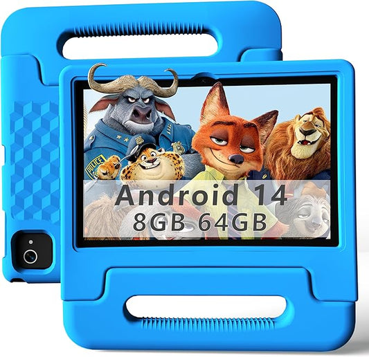 10.1-Inch Kids Tablet, 8GB+64GB, Android 14, 8-Core CPU, Educational Apps, Parental Controls, WiFi, 1280x800 HD Display, Cameras, Shockproof, Long Battery Life