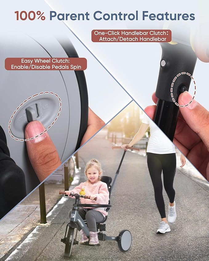 8-in-1 Tricycle for 1.5-5 Years, Tool-Free Switch, Toddler Tricycle with Parent Steering Control Handle for 1.5 to 5 Yrs, Toddler Trike 1.5-3 Years with 5-Point Harness and Large Canopy, Grey