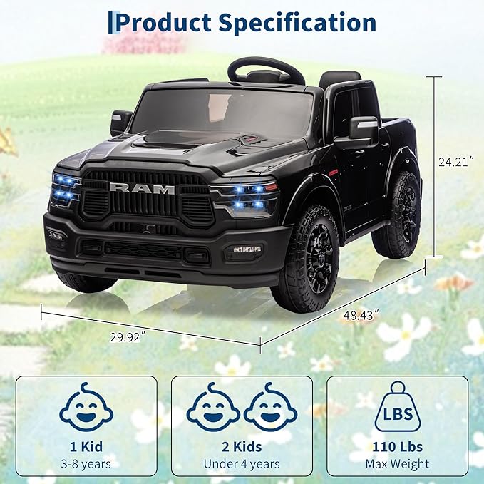 24V Ride on Car Licensed RAM 2500, 2 Seater Ride on Car for Kids w/Remote Control, Toddler Electric Car w/Truck Bed, 3 Speed, LED Lights, Bluetooth, Suspension, Gifts for Boys Girls, Black