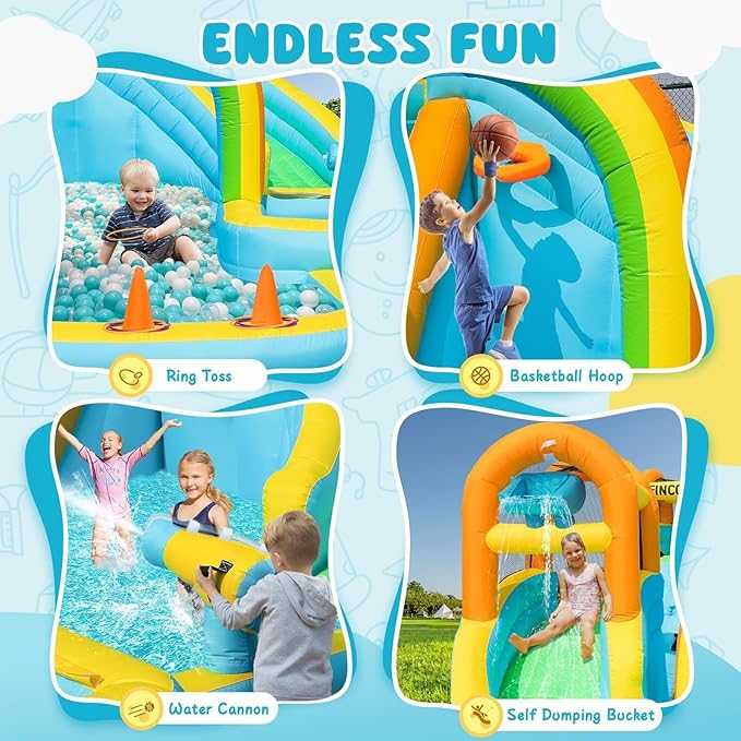 Inflatable Water Slide, Bounce House with 2 Slide for Kids, Inflatable Waterslide Park with Splash Pool, Basketball Hoop, Ball Shooting & Water Cannon for Backyard, Outdoor, Indoor