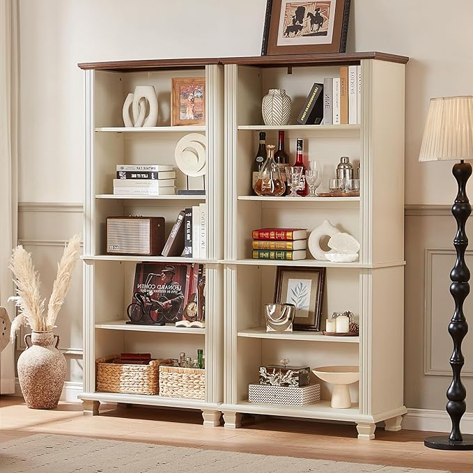 70" Tall White Bookshelf,5 Tier Wood Book Shelf with Adjustable Shelves & Wood Legs,Free Standing Farmhouse Bookcase with Open Display Storage,Vintage Kids Bookshelves for Nursery,Bedroom