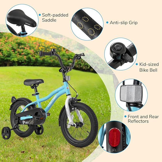 COSTWAY 12/14/16/18 Inch Kids Bike, Children Toddler Bicycle with Training Wheels, Adjustable Seat & Handlebar, Handbrake & Coaster Brake, Reflectors, Bell, Suitable for 3-8 Years Old Boys Girls