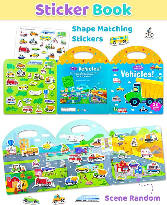 Benresive Reusable Sticker Book for Toddlers 2-4 Years, Fun Travel Stickers for Kids, Waterproof Sticker Books for Toddlers 1-3, Crafts Activities for Toddler 1-3 2-4 3-5 - Transport