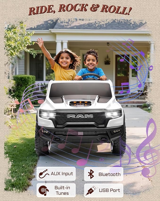 2 Seater Electric Car for Kids, Licensed RAM 1500 RHO 24V Ride on Truck w/Remote Control, Toddler Ride on Toys w/Bluetooth, LED Lights, Spacious Truck Bed, Gear Shifter & Soft Start (White)