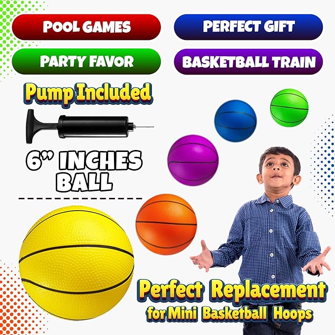 Mini Basketball Set for Kids - 6 Inch (5 Pack) w/ Hand Pump - Small Size Indoor Mini Hoop Balls for Toddlers - Over the Door Basketball Games, Indoor & Outdoor, Small Hoops, Pool Play & Party Favors