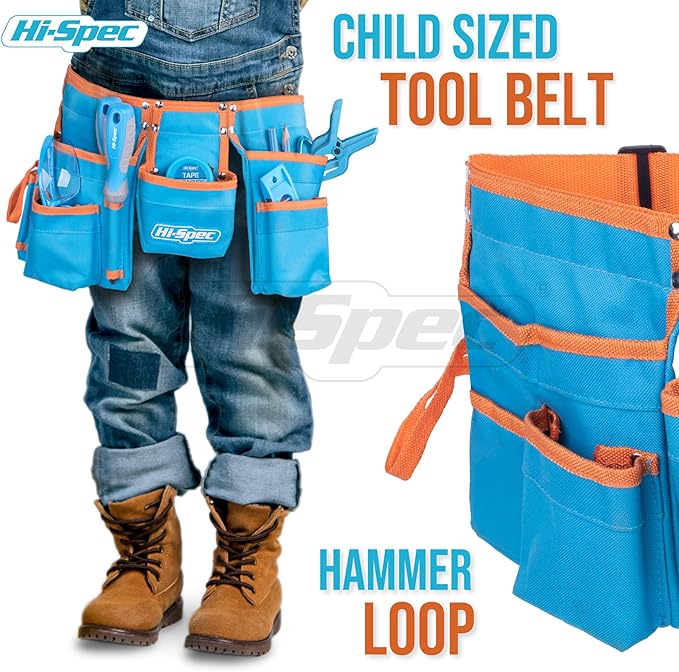 Hi-Spec 16pc Blue Kids Tool Kit Set & Child Size Tool Belt. Real Set for DIY Building, Woodwork & Construction Learning for Kids