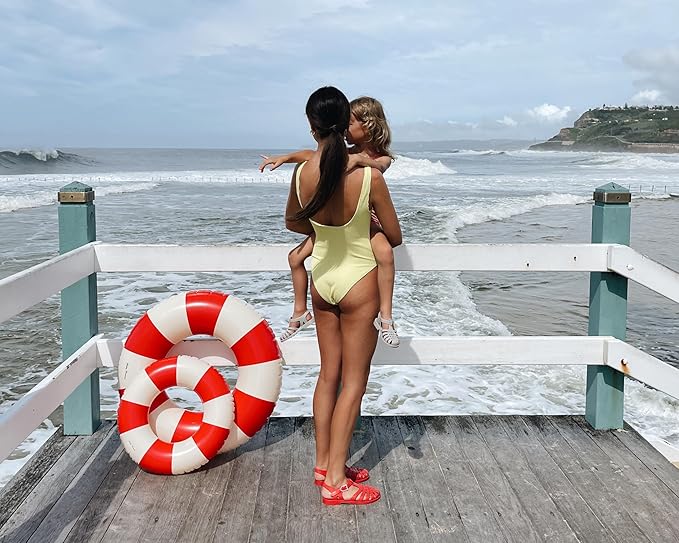 Petites-Pommes Kids Float for Toddlers - Durable Inner Tube, Handprinted Classic Striped Design Pool Floats, Soft Comfort Seaming, Packable Floats for Travel, Bright Red, 24 inch