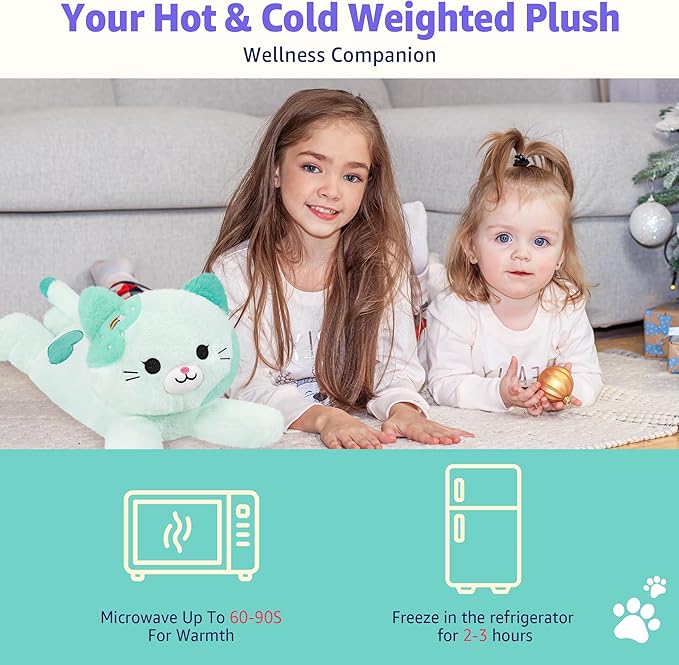Onsoyours Original Heatable & Weighted Rainbow Cat Stuffed Animals, 15" Microwavable Kitten Plushie for Warmth & Stress Relief - Comfort Plush Toys for Kids and Adults