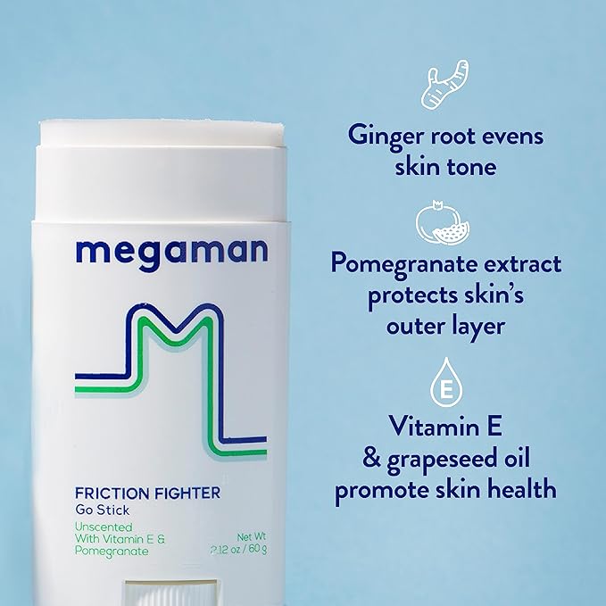 Megaman Friction Fighter Go Anti-Chafe Stick | Prevents skin chafe & irritation | Thighs, arms, & more | 2.12 oz
