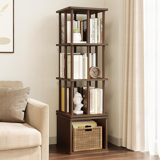 IOTXY 4-Tier Rotating Bookshelf Tower - Beech Wood Frame Spinning Bookcase with Storage Base, Tall Freestanding Revolving Shelf Organizer, Walnut