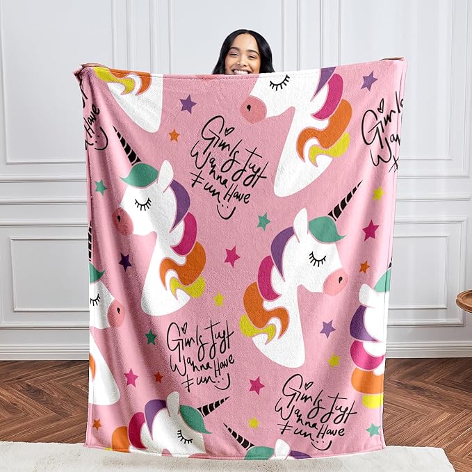 Wajade Kids Pink Unicorn Soft Fleece Blanket for Girls - Cute Unicorn Stars Throw for Couch, Sofa, Bedroom - 60"x80"