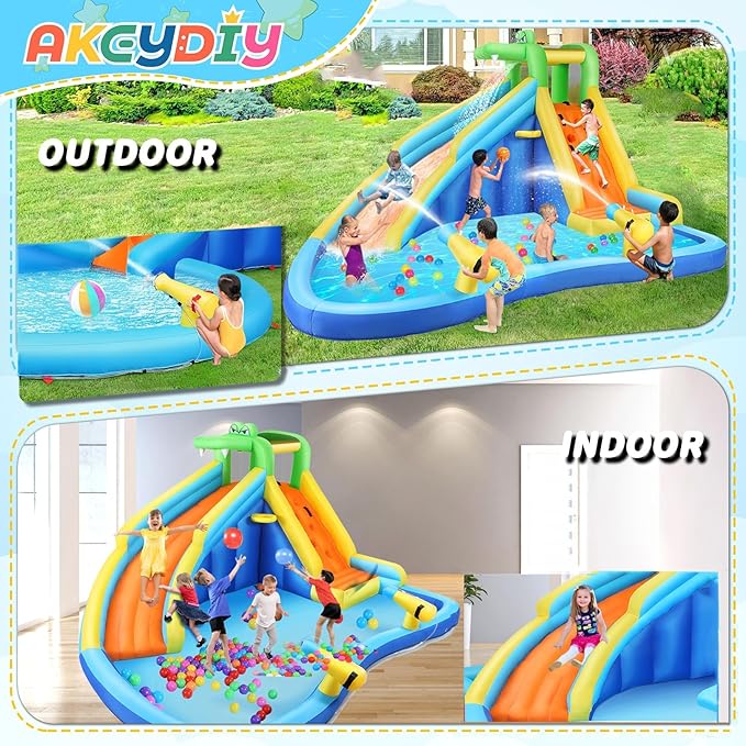 AKEYDIY Inflatable Water Slide for Kids 3-12,Crocodile Cove Water Park with Splash Pool,Water Cannon, Climbing Wall, Kids Inflatable Water Park Slide for Backyard Summer