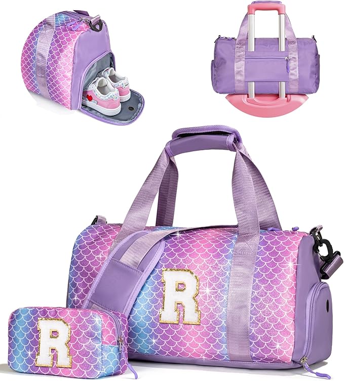8 Year Old Girl Birthday Gift -Girl Gym Bag with Shoe Compartment, Kid Personalized Weekender Pool Bags, Initial Travel Tote with Makeup Pouch, Valentines Day Gift for Girls (Letter R)