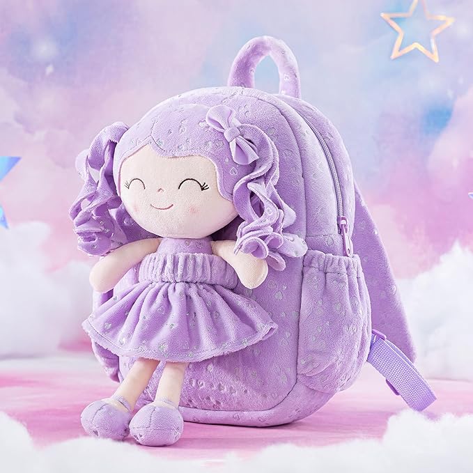 Gloveleya 11 Inches Toddler Backpack Baby Girl Gift Plush Bag Featuring Curly-Haired Doll Design with Silver Heart Accents in Soft Purple