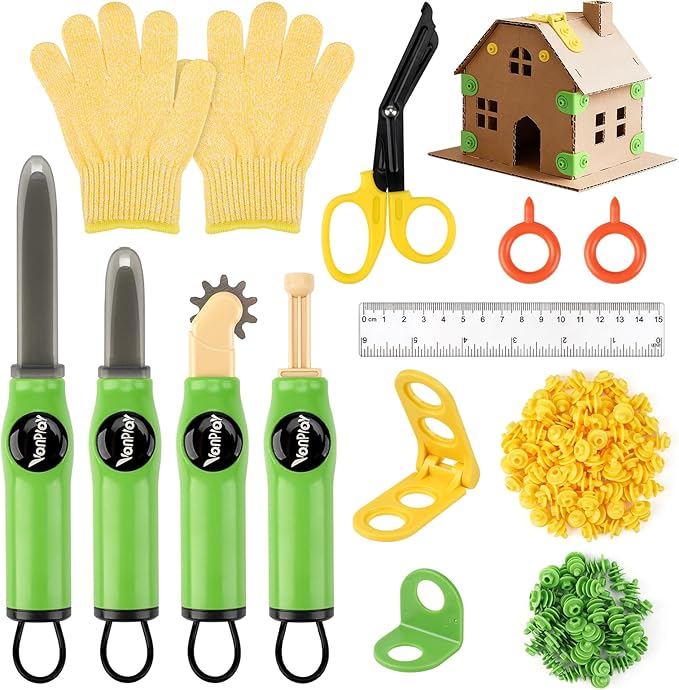 Vanplay Cardboard Cutter for Kids - Cardboard Tools for Kids, Cardboard Cutting Tool Set with Fold-Roller & Gloves, STEM Educational Construction Toys Gift for 5-9 Year Old Boys Girls