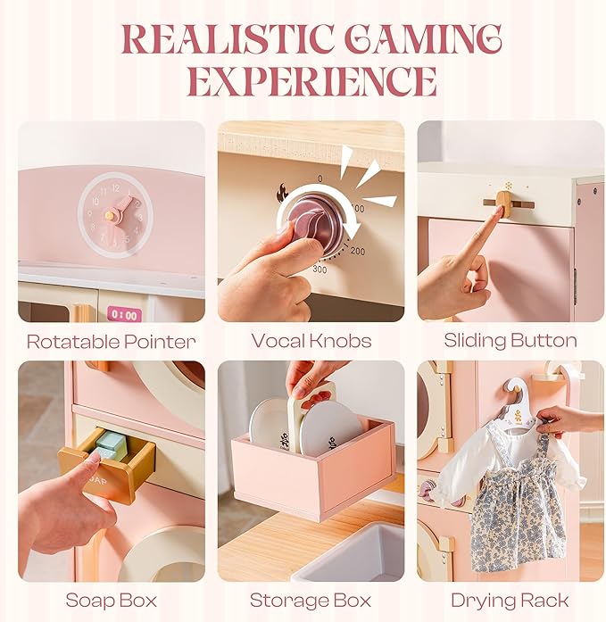 ROBUD Wooden Play Kitchen, Kids Kitchen Playset, Toy Kitchen Set with Fridge, Washing Machine, Dishwasher Toddlers Kitchen Playset Gift for Boys & Girls, Age 3+ (Pink)