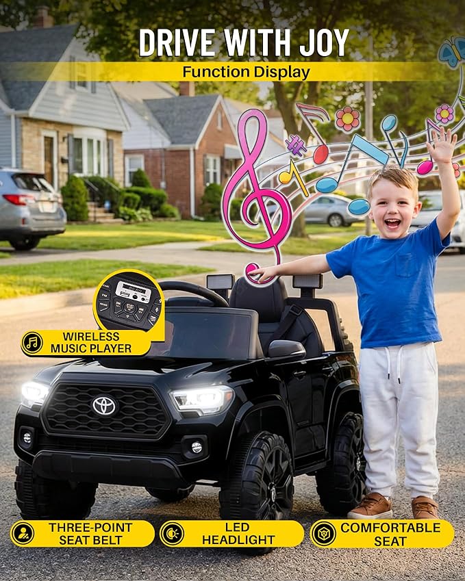 Blitzshark 12V Kids Ride on Car Licensed Toyota Tacoma Battery Powered Motorized Electric Vehicle, with Remote Control, Digital Display, Spring Suspension, Storage Space, Music &FM, Black