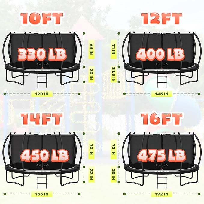 10FT 12FT 14FT 16FTOutdoor Recreational Trampoline with Enclosure Net, Bolt-Free Design Yard Trampoline with Wide Ladder and AntiRust Coating, 2 in 1 Connector for Kids Adults, ASTM Approval