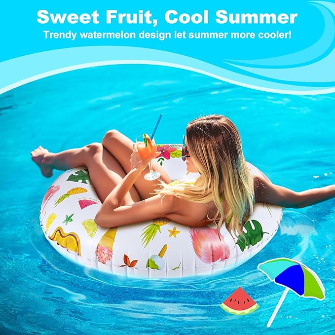 HeySplash Cartoon Swim Ring, Inflatable Durable Round Shaped Flamingo Summer Pool Beach Party Swimming Float Tube Water Fun Swim Pool Toys with Repair Patch for Adults,80cm Diameter, White+Pink/Yellow