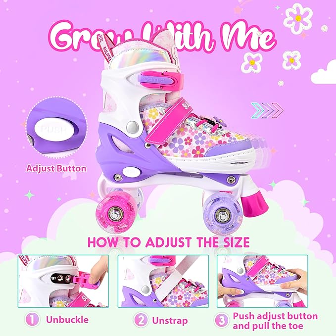 SULIFEEL Rainbow Unicorn 4 Size Adjustable Light up Roller Skates for Girls Boys for Kids