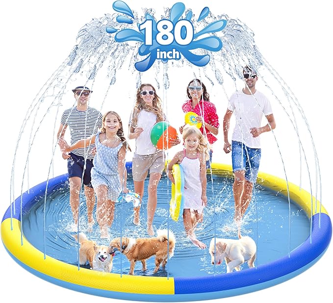 180" Non-Slip Splash Pad for Kids and Dog, Thicken Sprinkler Pool Summer Outdoor Water Toys, Extra Large Backyard Wading Pool for Children Boys & Girls or Pet Dog (Blue&Yellow)