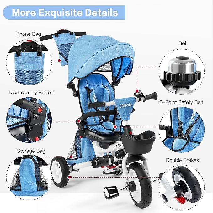 JMMD Baby Tricycle, 7-in-1 Folding Kids Trike with Adjustable Parent Handle, Safety Harness & Wheel Brakes, Removable Canopy, Storage, Stroller Bike Gift for Toddlers 18 Months - 5 Years(Blue)