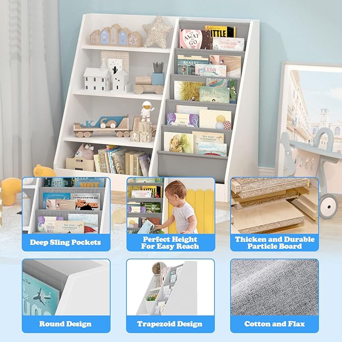 4 Tier Kids Wooden Bookshelf, 5 Layer Sling Toddler Bookcase,Baby Storage Book Rack,Book and Toy Organizer Cabinet,Children Book Display,Playroom Nursery Classroom Kid Room